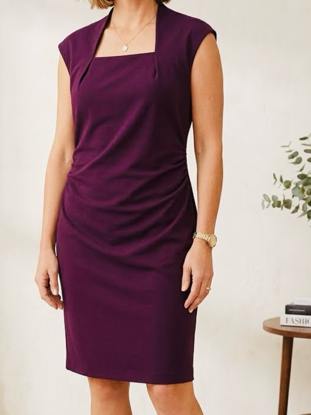 Coldwater Creek Eggplant Purple Ruched Square Neck Sleeveless Midi Knit Dress